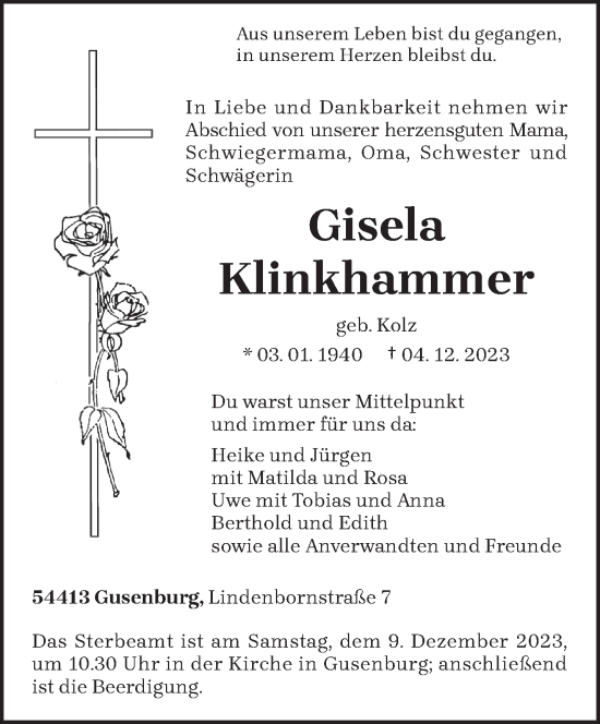 Todesanzeige von Gisela Klinkhammer von trierischer_volksfreund