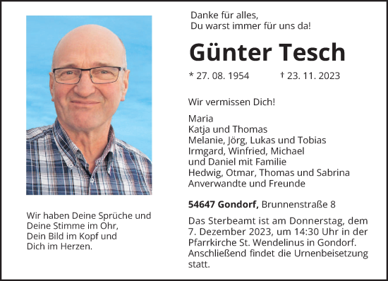 Todesanzeige von Günter Tesch von trierischer_volksfreund