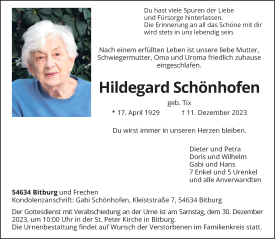 Todesanzeige von Hildegard Schönhofen von trierischer_volksfreund