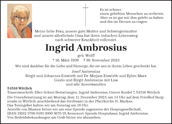Todesanzeige von Ingrid Ambrosius von trierischer_volksfreund