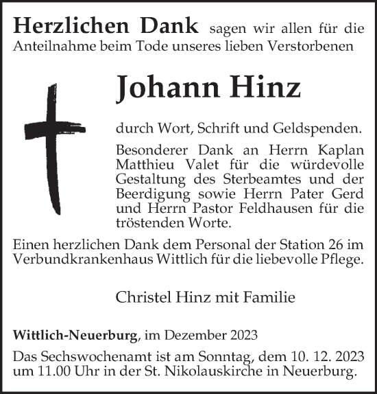 Todesanzeige von Johann Hinz von trierischer_volksfreund