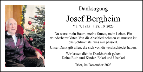 Todesanzeige von Josef Bergheim von trierischer_volksfreund