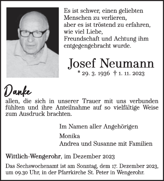 Todesanzeige von Josef Neumann von trierischer_volksfreund