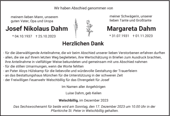Todesanzeige von Josef Nikolaus und Margareta Dahm von trierischer_volksfreund
