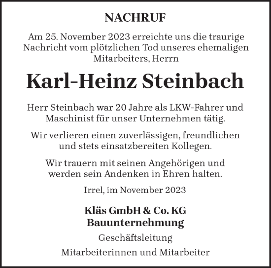 Todesanzeige von Karl-Heinz Steinbach von trierischer_volksfreund