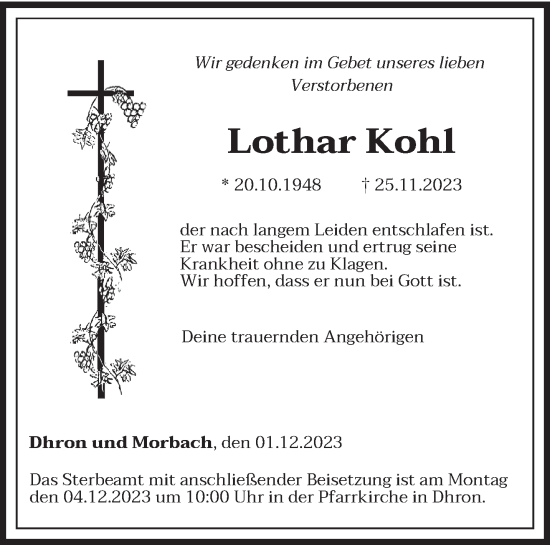Todesanzeige von Lothar Kohl von trierischer_volksfreund