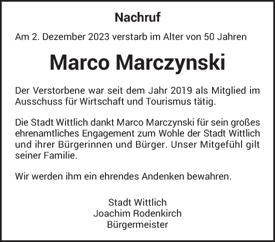 Todesanzeige von Marco Marczynski von trierischer_volksfreund