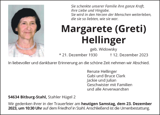 Todesanzeige von Margarete Hellinger von trierischer_volksfreund