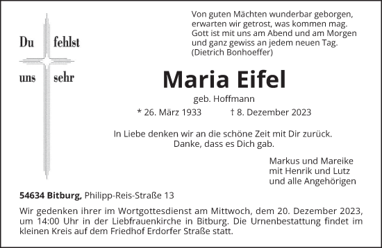 Todesanzeige von Maria Eifel von trierischer_volksfreund