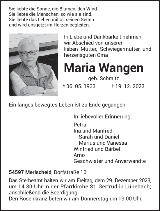 Todesanzeige von Maria Wangen von trierischer_volksfreund