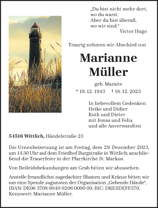 Todesanzeige von Marianne Müller von trierischer_volksfreund