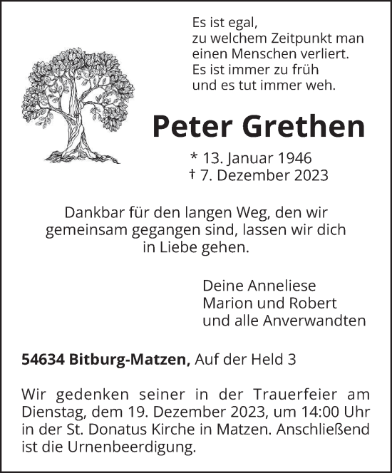Todesanzeige von Peter Grethen von trierischer_volksfreund