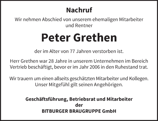 Todesanzeige von Peter Grethen von trierischer_volksfreund