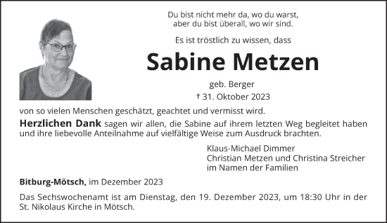 Todesanzeige von Sabine Metzen von trierischer_volksfreund