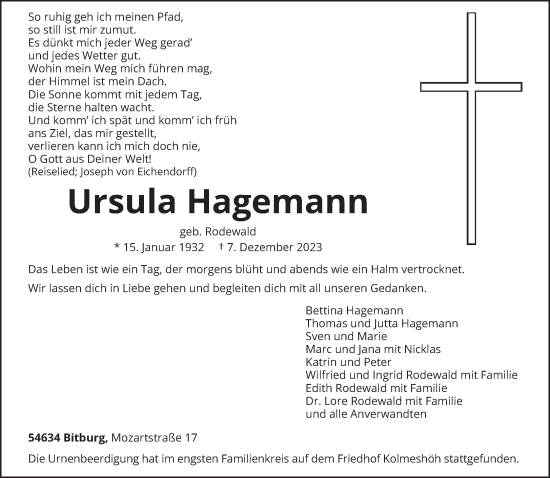 Todesanzeige von Ursula Hagemann von trierischer_volksfreund