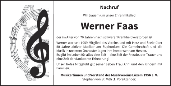 Todesanzeige von Werner Faas von trierischer_volksfreund