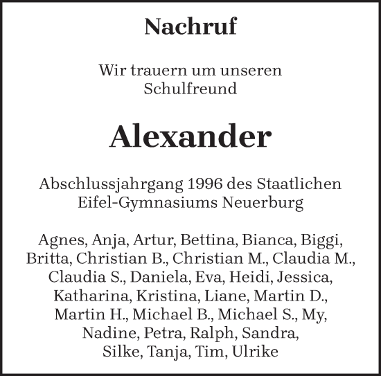 Todesanzeige von Alexander  von trierischer_volksfreund