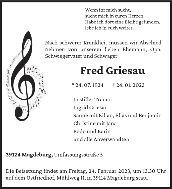 Todesanzeige von Fred Griesau von trierischer_volksfreund