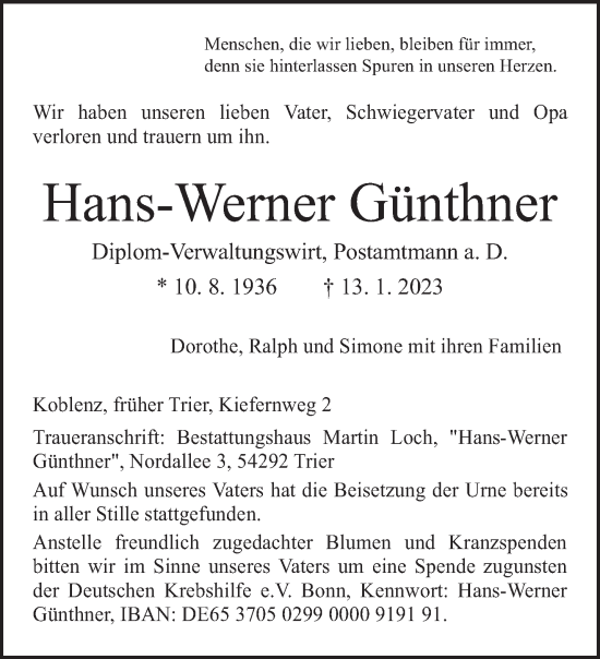 Todesanzeige von Hans-Werner Günthner von trierischer_volksfreund