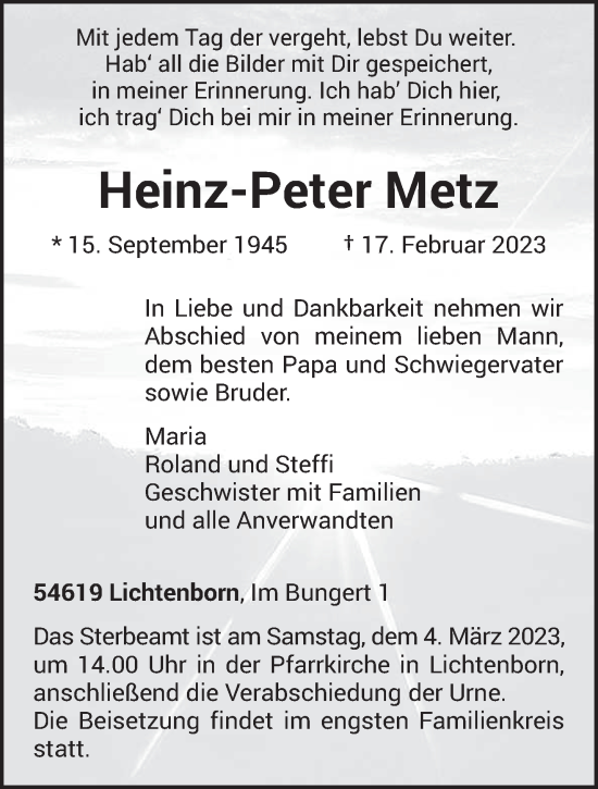 Todesanzeige von Heinz-Peter Metz von trierischer_volksfreund