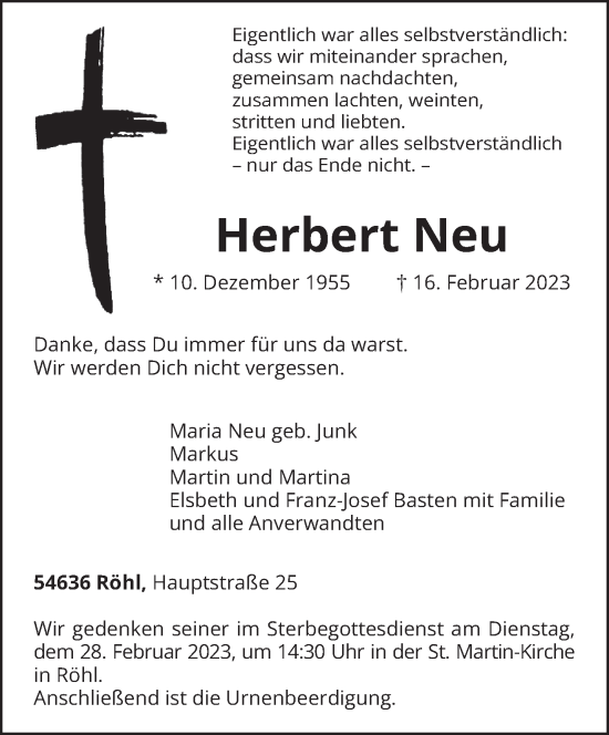 Todesanzeige von Herbert Neu von trierischer_volksfreund