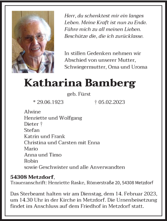 Todesanzeige von Katharina Bamberg von trierischer_volksfreund
