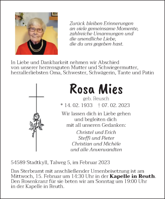 Todesanzeige von Rosa Mies von trierischer_volksfreund