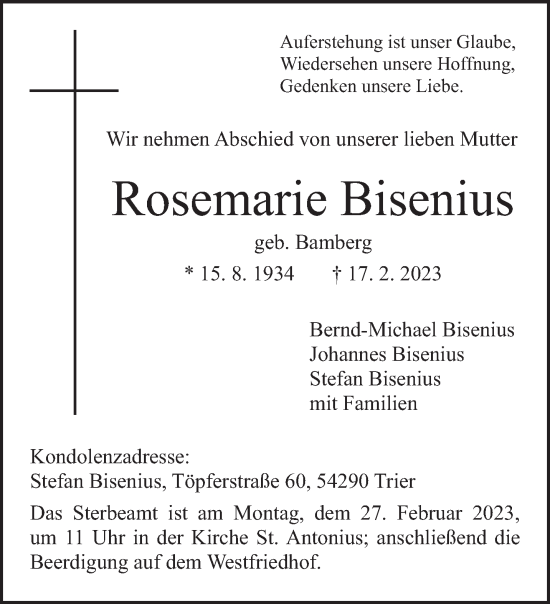 Todesanzeige von Rosemarie Bisenius von trierischer_volksfreund