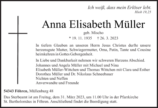 Todesanzeige von Anna Elisabeth Müller von trierischer_volksfreund