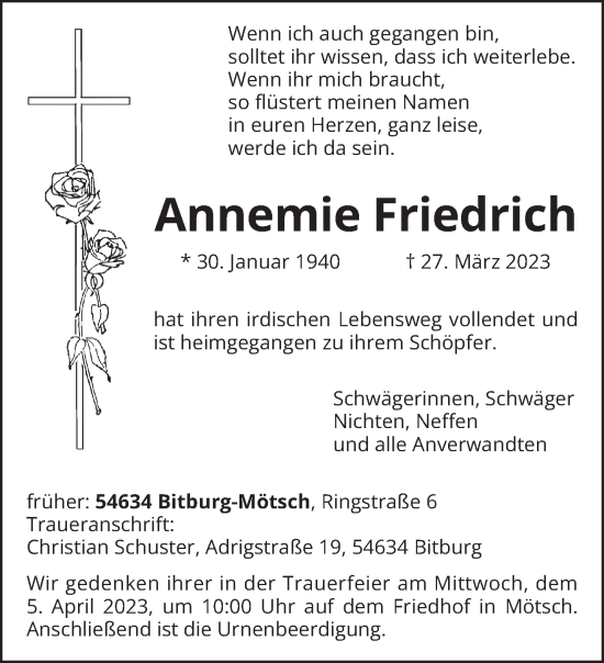 Todesanzeige von Annemie Friedrich von trierischer_volksfreund