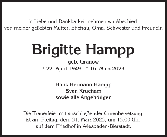Todesanzeige von Brigitte Hampp von trierischer_volksfreund