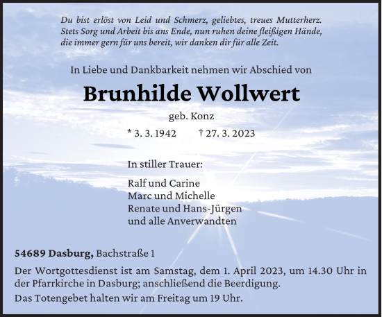 Todesanzeige von Brunhilde Wollwert von trierischer_volksfreund