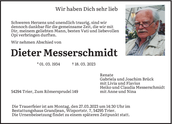 Todesanzeige von Dieter Messerschmidt von trierischer_volksfreund