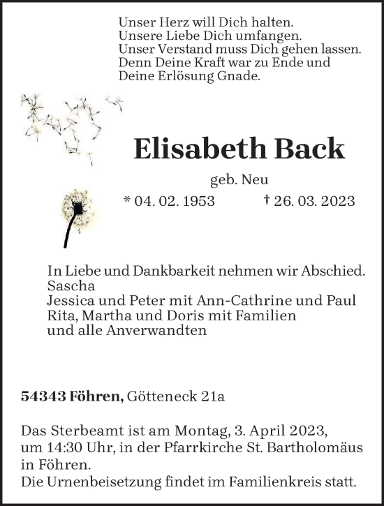 Todesanzeige von Elisabeth Back von trierischer_volksfreund