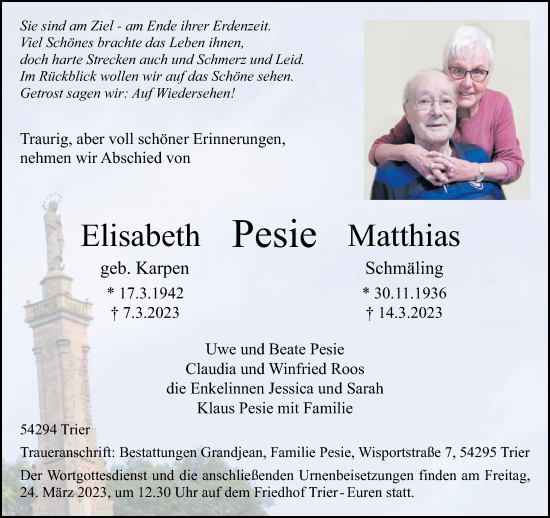 Todesanzeige von Elisabeth und Matthias Pesie von trierischer_volksfreund