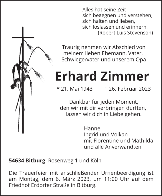 Todesanzeige von Erhard Zimmer von trierischer_volksfreund