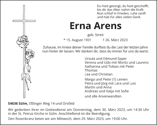 Todesanzeige von Erna Arens von trierischer_volksfreund