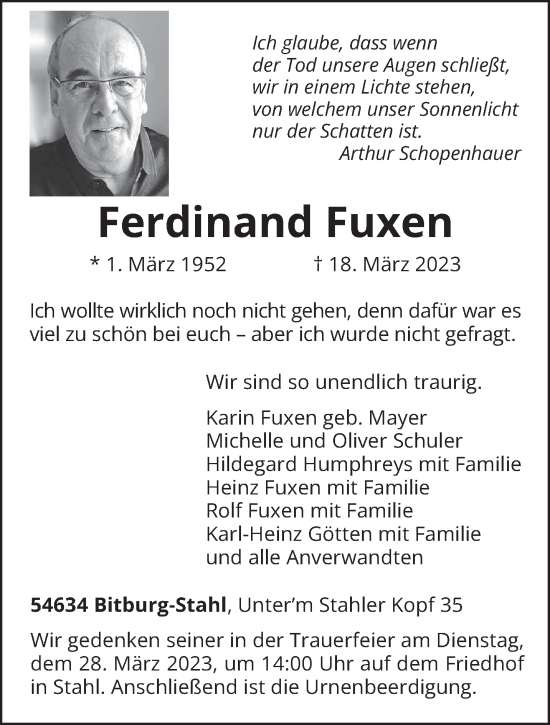 Todesanzeige von Ferdinand Fuxen von trierischer_volksfreund
