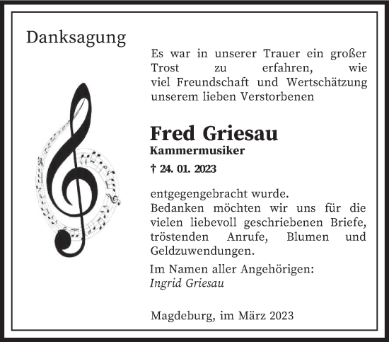 Todesanzeige von Fred Griesau von trierischer_volksfreund