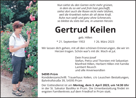 Todesanzeige von Gertrud Keilen von trierischer_volksfreund