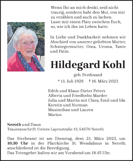 Todesanzeige von Hildegard Kohl von trierischer_volksfreund