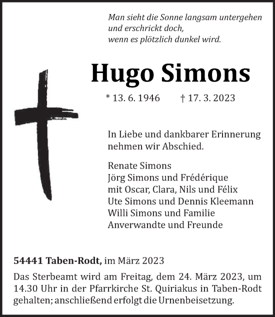 Todesanzeige von Hugo Simons von trierischer_volksfreund