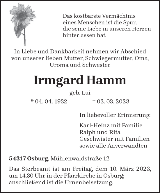 Todesanzeige von Irmgard Hamm von trierischer_volksfreund