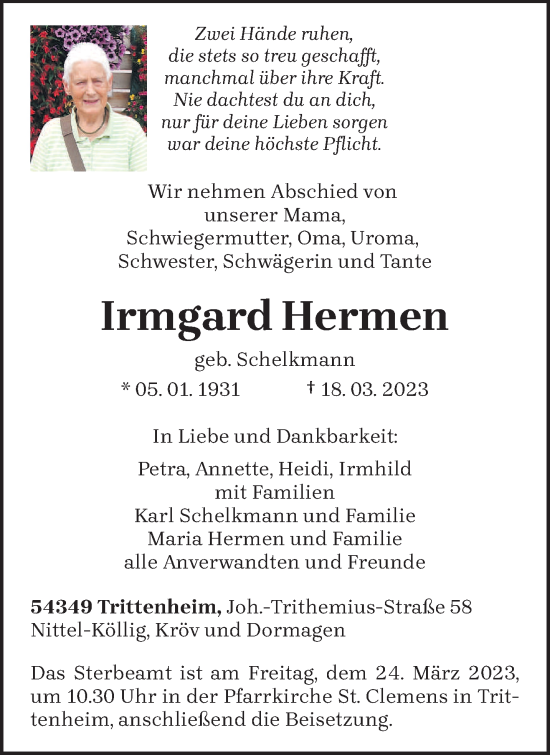Todesanzeige von Irmgard Hermen von trierischer_volksfreund