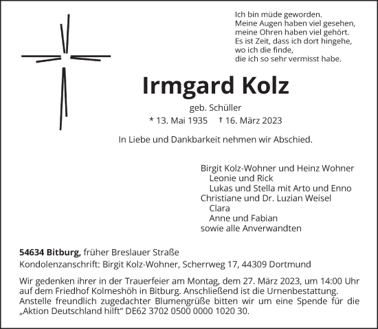 Todesanzeige von Irmgard Kolz von trierischer_volksfreund