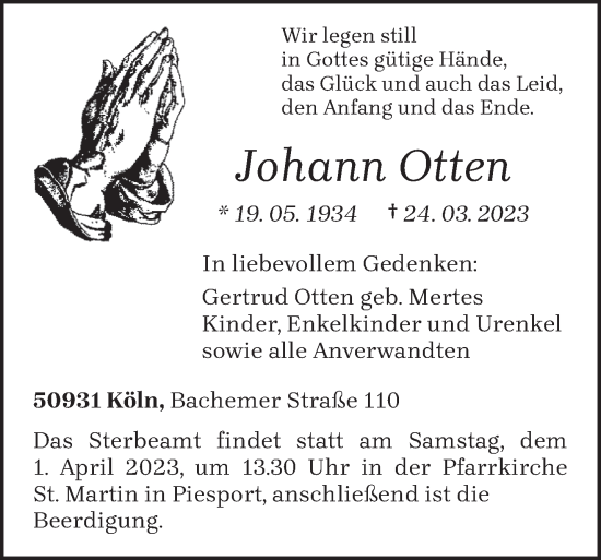 Todesanzeige von Johann Otten von trierischer_volksfreund