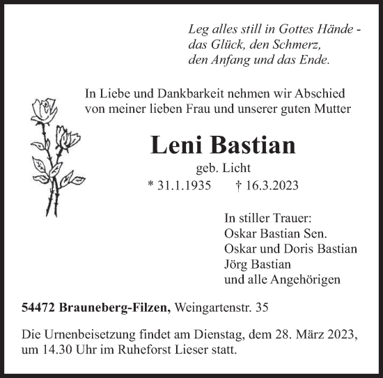 Todesanzeige von Leni Bastian von trierischer_volksfreund