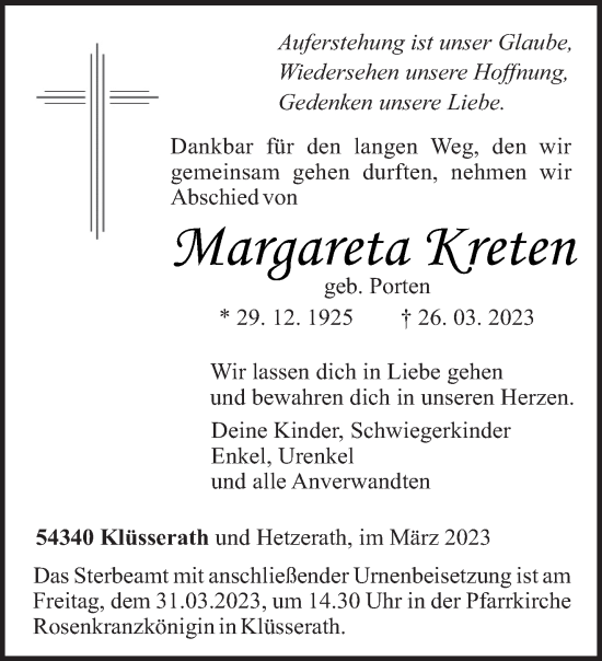 Todesanzeige von Margareta Kreten von trierischer_volksfreund