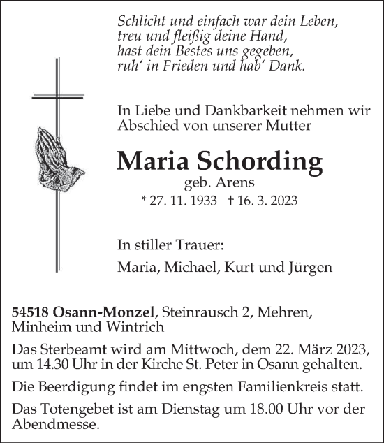 Todesanzeige von Maria Schording von trierischer_volksfreund