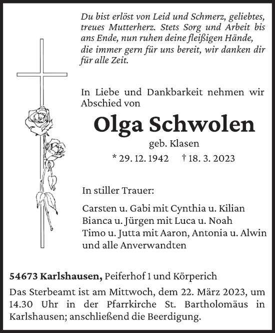 Todesanzeige von Olga Schwolen von trierischer_volksfreund